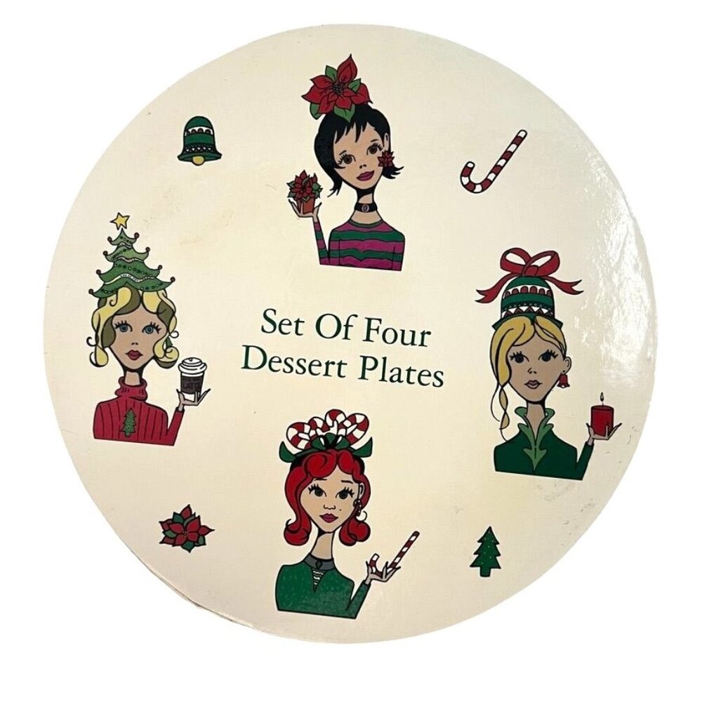Ladies Christmas 4 Dessert Plates '02 Dishwasher Microwave Safe Original Box